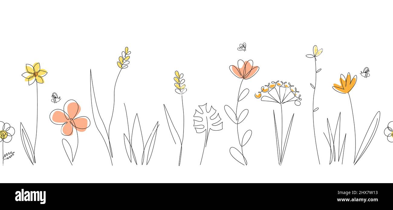 Vettore natura confine senza giunture con api, erbe selvatiche e fiori su bianco. Sfondo del disegno a linee continue. Doodle stile floreale disegnato a mano Illustrazione Vettoriale