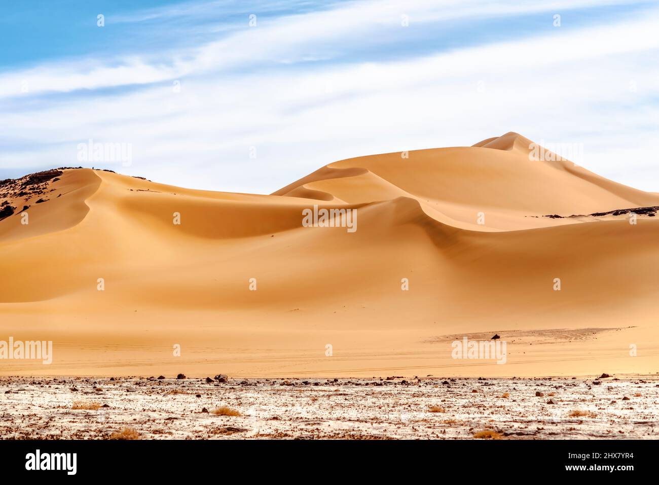 Vista ad angolo basso della duna di sabbia curvilinea nel deserto del Sahara. Superficie colorata, terreno bianco reg, duna ondulata di colore dorato, cielo nuvoloso blu. Foto Stock