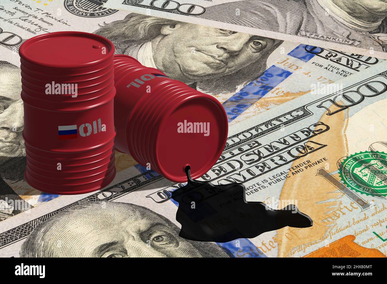 Il petrolio russo fuoriesce da barili di petrolio su dollari USA Foto Stock