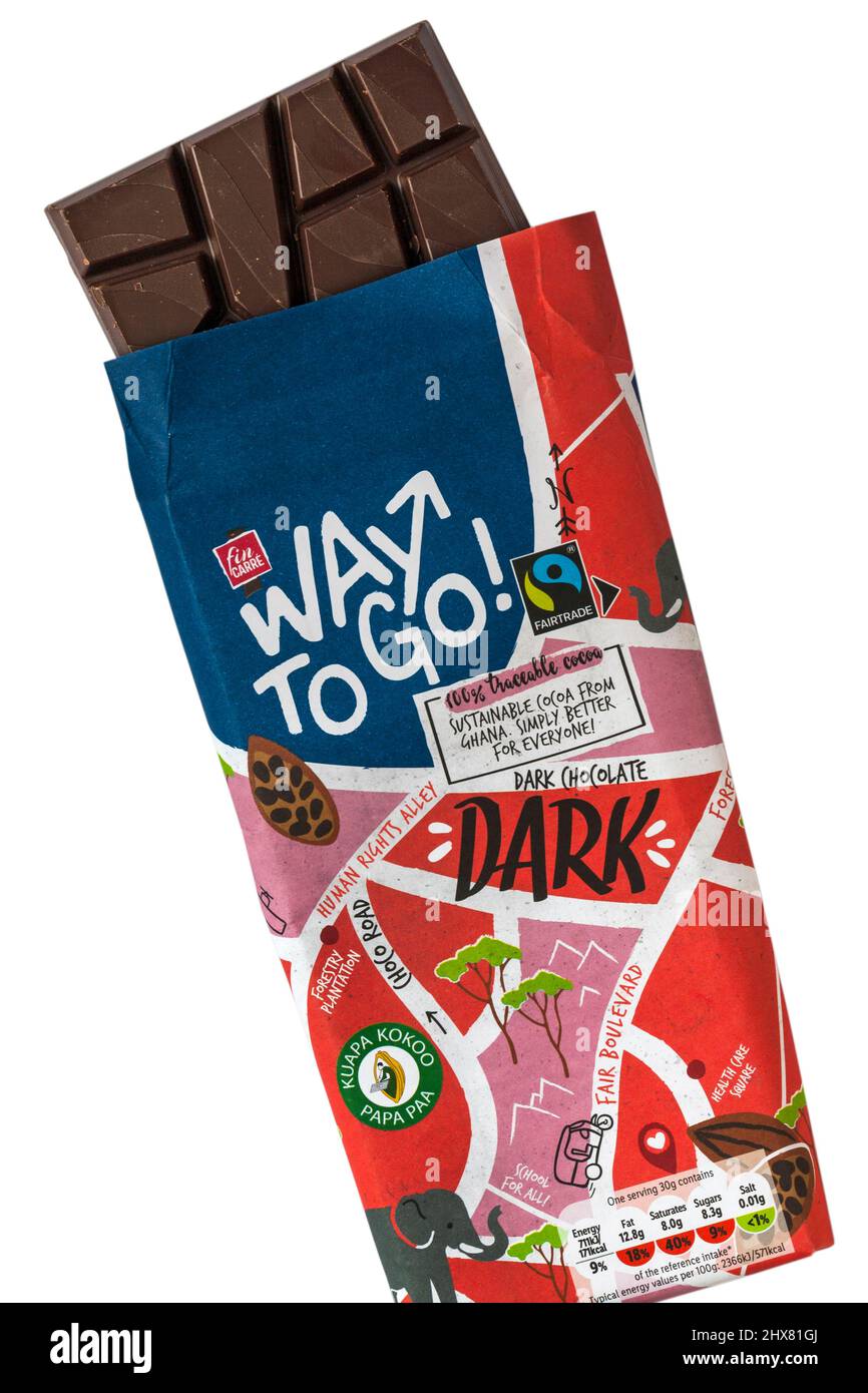 Way To Go barra di cioccolato fondente fin Carre da Lidl adagiato su sfondo bianco cacao rintracciabile al 100% coltivato dagli agricoltori della cooperativa Kuapa Kokoo Ghana Foto Stock