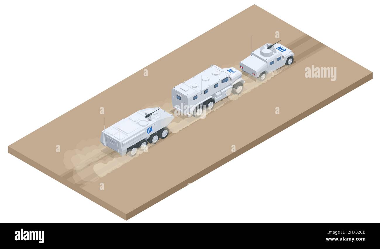 Colonna isometrica di equipaggiamento militare corre sulla strada. Veicolo militare militare pesante isolato camion militare su sfondo bianco Illustrazione Vettoriale