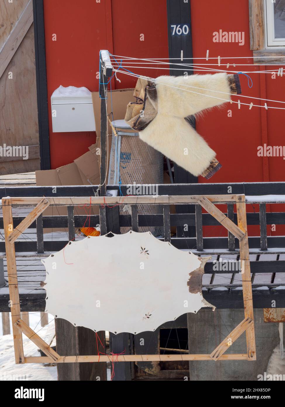 Pantaloni in pelle di orso polare e pelle di sigillo. Città Uummannaq durante l'inverno nella Westgreenland settentrionale oltre il cerchio artico. Nord America, Greenl Foto Stock