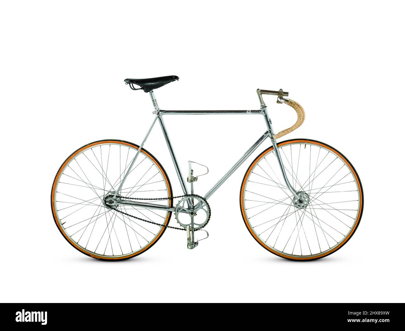 Schwinn Paramount (Track Bike), USA, c.1940s, vista laterale, lato trazione. Caratteristiche: Pneumatici tubolari, porta olio nella staffa inferiore, costruiti con alette, telaio in acciaio cromato, primo esempio di stelo regolabile a portata, mozzi a flangia grande, molto avanzato per il periodo) Foto Stock