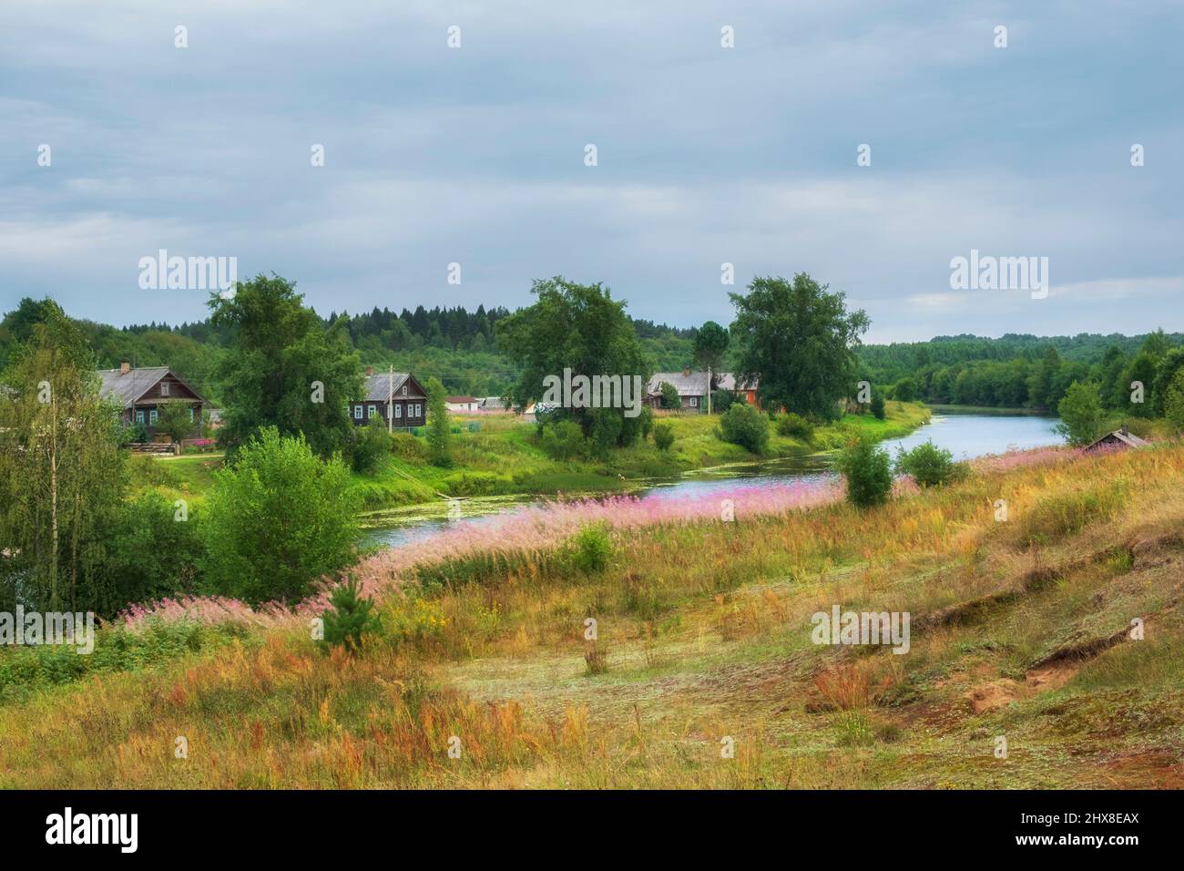 Il vecchio villaggio di Saminsky Pogost con case in legno sulle rive del fiume. Estate del nord in campagna. Regione di Vologda, Russia Foto Stock