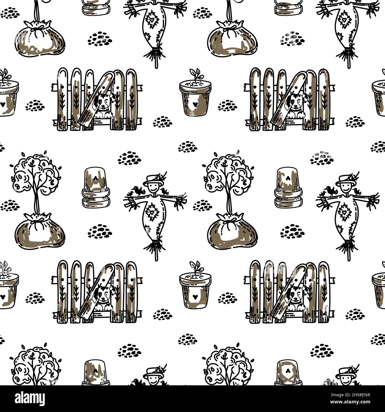 Un disegno senza giunture con una recinzione, un baracche, e un albero in una borsa. Elementi in stile doodle disegnati a mano. Carino recinzione con la testa di un cane. Recinzione di legno. Suita Illustrazione Vettoriale
