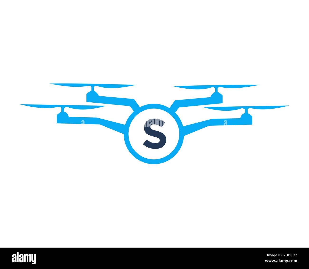 Design con logo drone su Letter S Concept. Modello vettoriale per droni fotografici Illustrazione Vettoriale