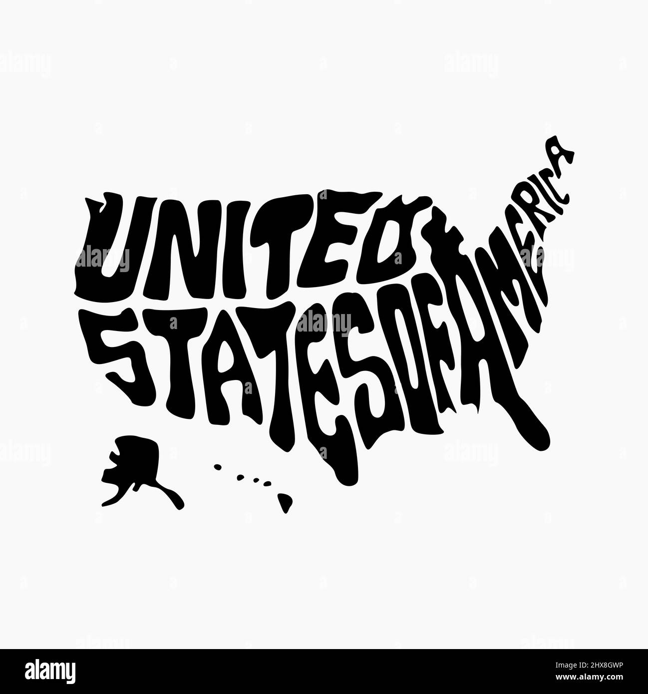 Mappa Stati Uniti d'America scritte in bianco e nero. Mappa tipografica USA. Illustrazione Vettoriale