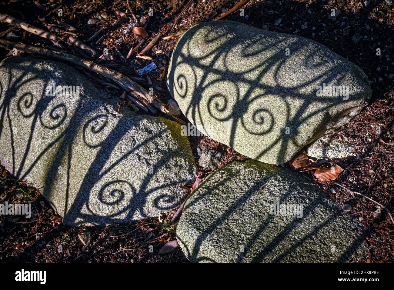 Recinzione ornamentale in ferro battuto ombre sulle rocce Foto Stock