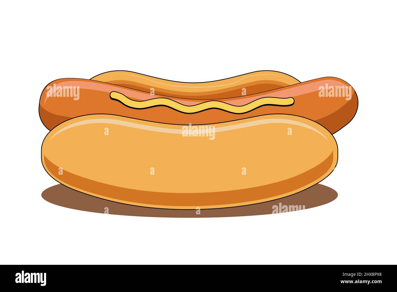 Hotdog, hot-dog con senape isolato su sfondo bianco illustrazione stock. Clip art grafico di fast food. Per promozione, pubblicità, menu. Illustrazione vettoriale Illustrazione Vettoriale