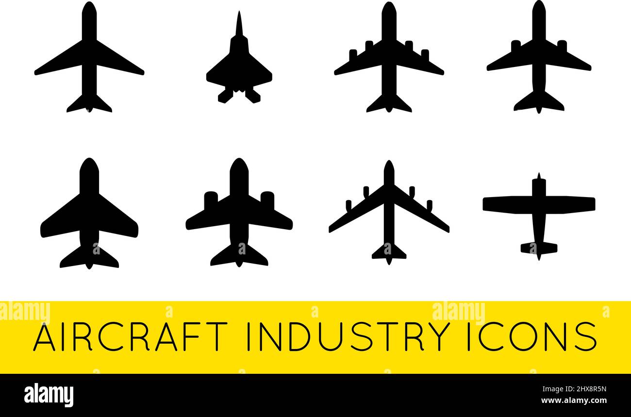 Icone dell'aereo o dell'aereo Collezione Set di silhouette vettoriali Illustrazione Vettoriale