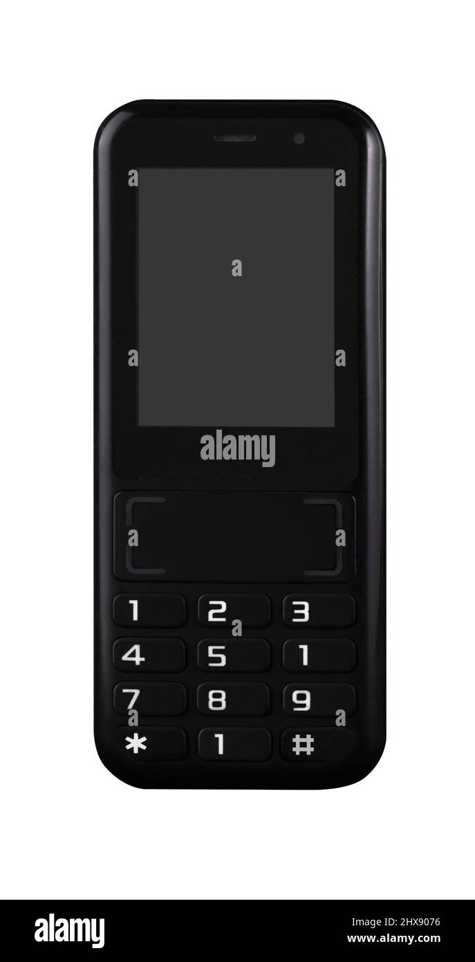 Telefono cellulare a pulsante, isolato, su sfondo bianco Foto Stock