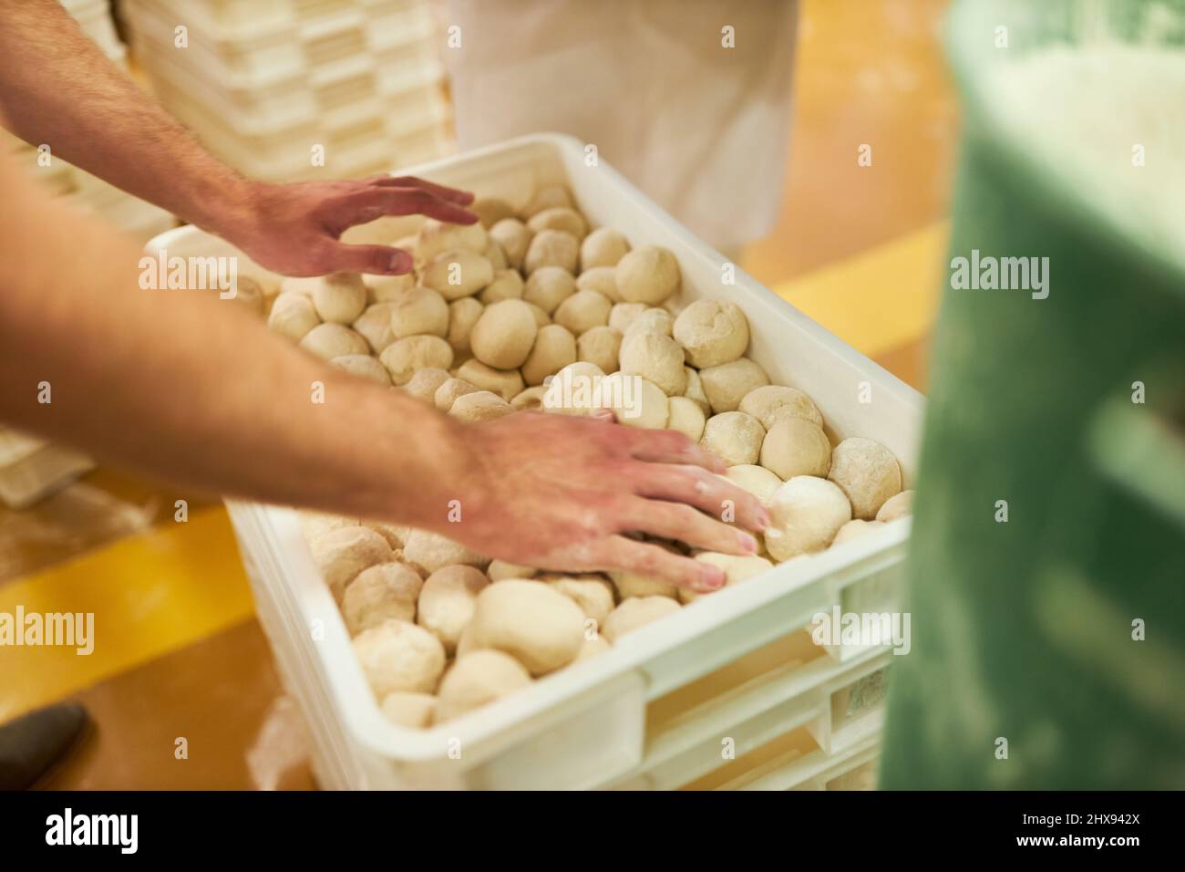 Le mani di Baker si confezionare in una scatola molti piccoli panini in preparazione per la cottura Foto Stock Le mani di Baker si confezionare in una scatola molti piccoli panini in preparazione per la cottura Foto Stock