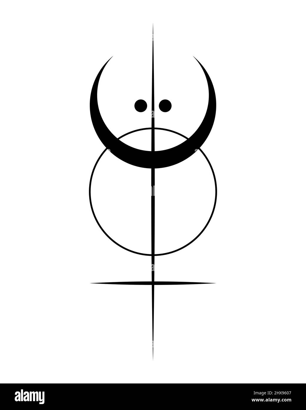Geometria sacra, logo tatuaggio nero con sole, luna crescente, croce esoterica alchimica, talismano celeste magica mistica. Occultismo spirituale segno oggetto Illustrazione Vettoriale