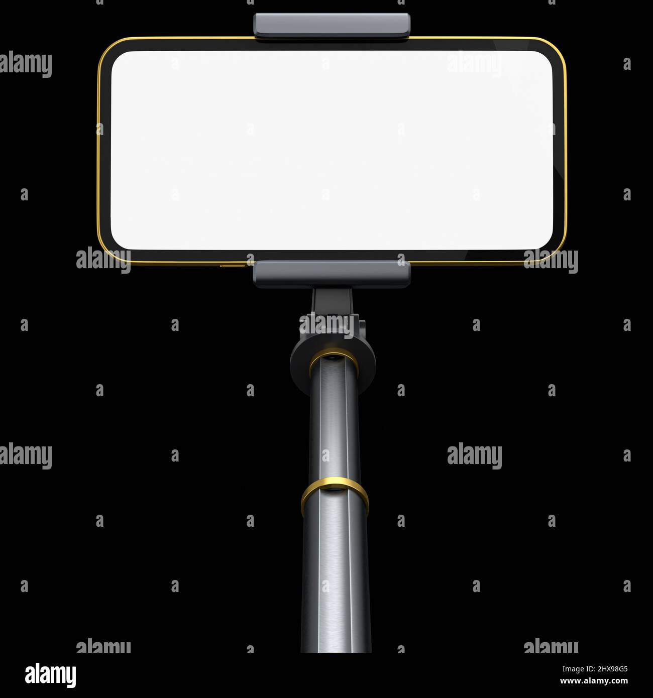 Smartphone realistico con schermo bianco vuoto e selfie isolato su sfondo nero. Rendering 3D del modello di telefono per scattare foto e portra Foto Stock