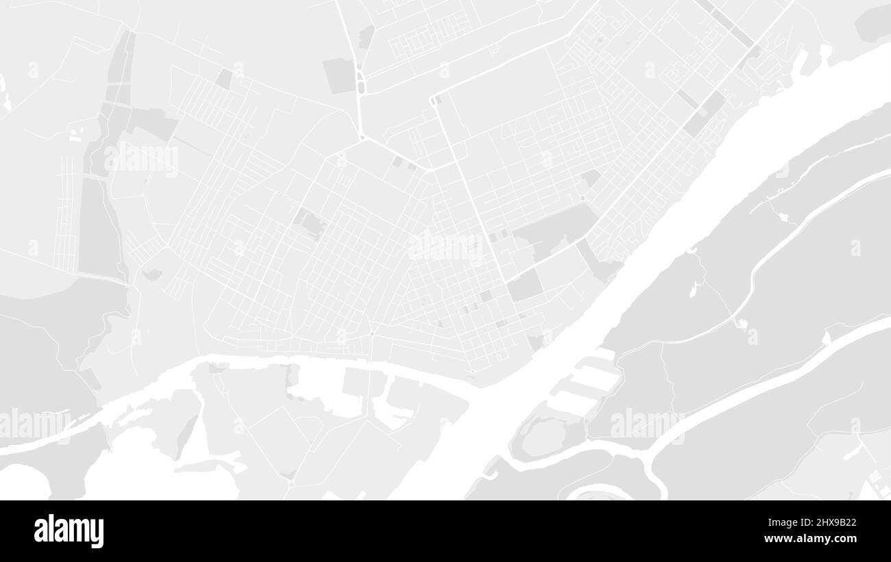 Bianco e grigio chiaro Kherson città area mappa vettoriale di sfondo, strade e acqua illustrazione. Formato widescreen, roadmap digitale con design piatto. Illustrazione Vettoriale