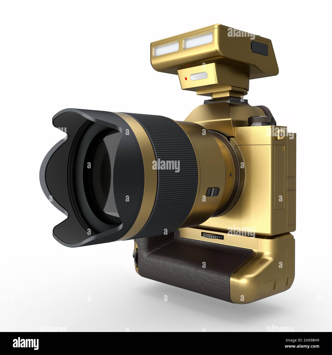 Concetto di oro inesistente DSLR fotocamera con obiettivo e flash esterno speedlight isolato su sfondo bianco. 3D rendering di fotografia professionale Foto Stock
