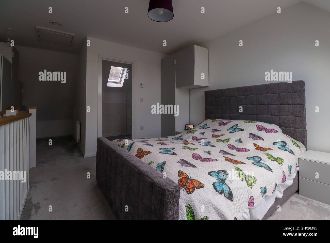 Camera moderna con bagno interno, arredamento grigio e biancheria da letto a farfalla Foto Stock