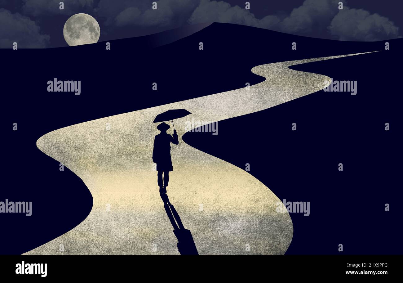 Un uomo con un ombrello cammina di notte mentre la luna piena si rompe attraverso le nuvole di pioggia in un'illustrazione di 3-d. Foto Stock