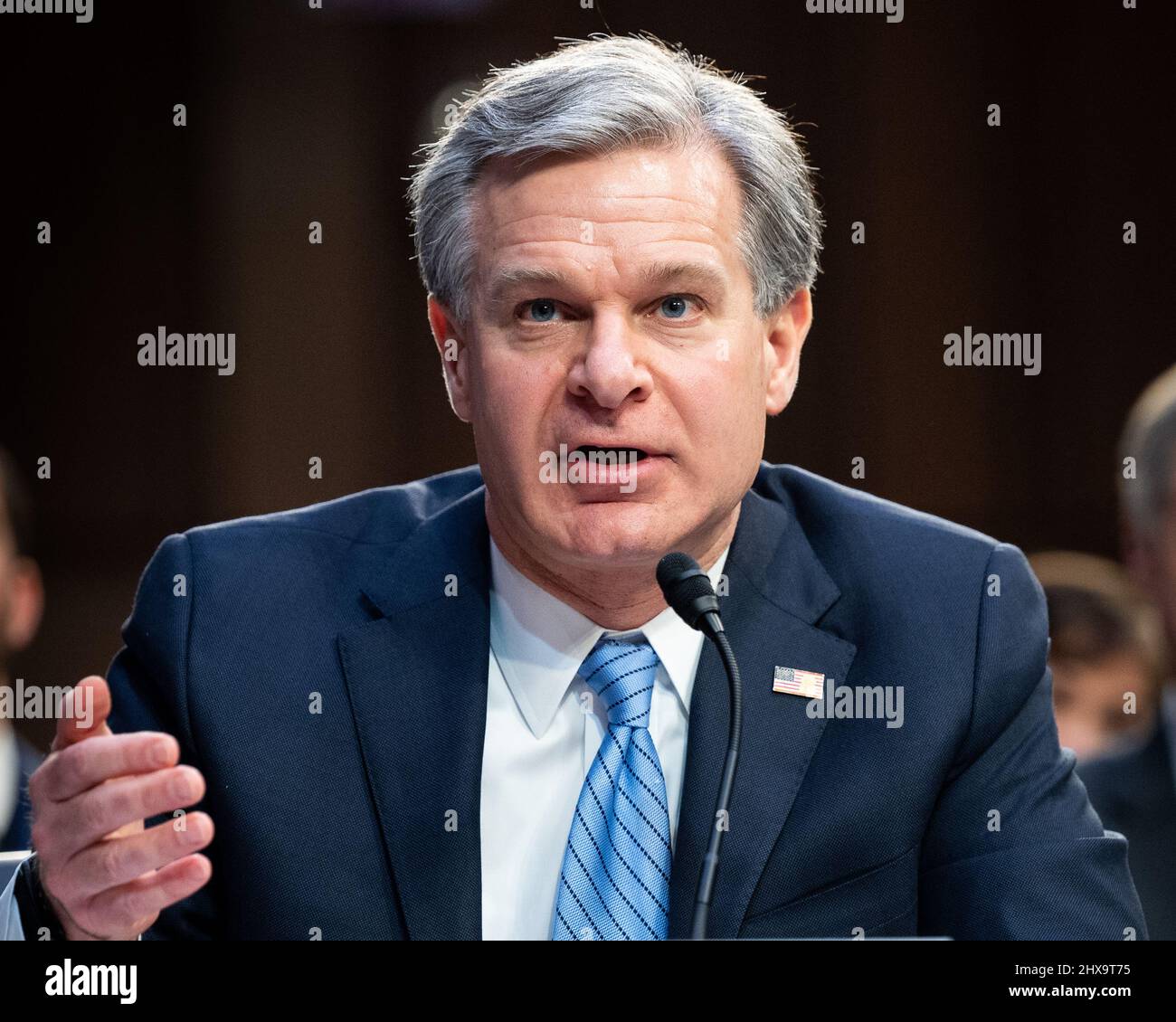 Washington DC, Stati Uniti. 10th Mar 2022. Christopher Wray, direttore del Federal Bureau of Investigation, parla a un'audizione del Senato Intelligence Committee. Credit: SOPA Images Limited/Alamy Live News Foto Stock