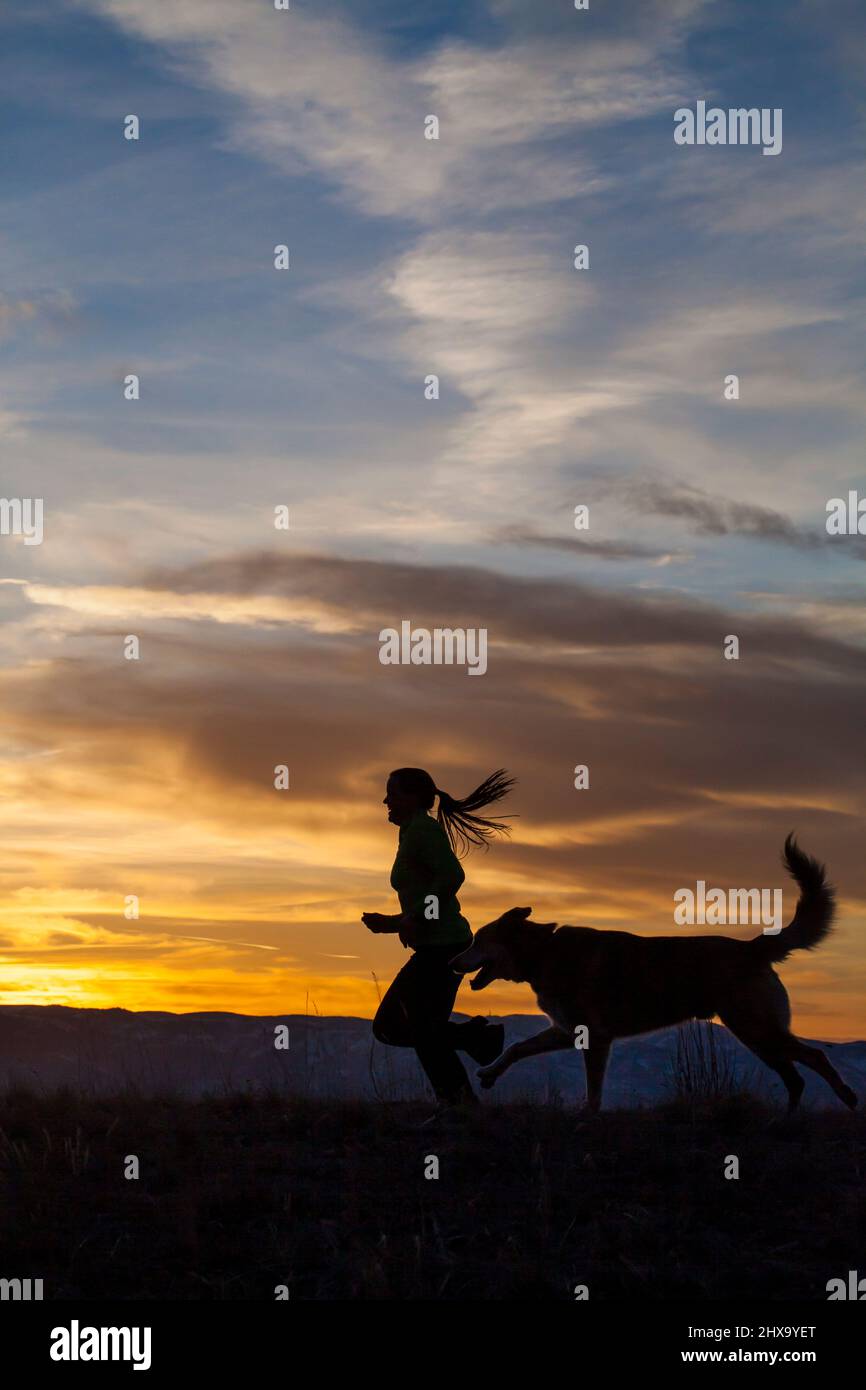 Una donna corre con su un sentiero con un cane al tramonto. Foto Stock