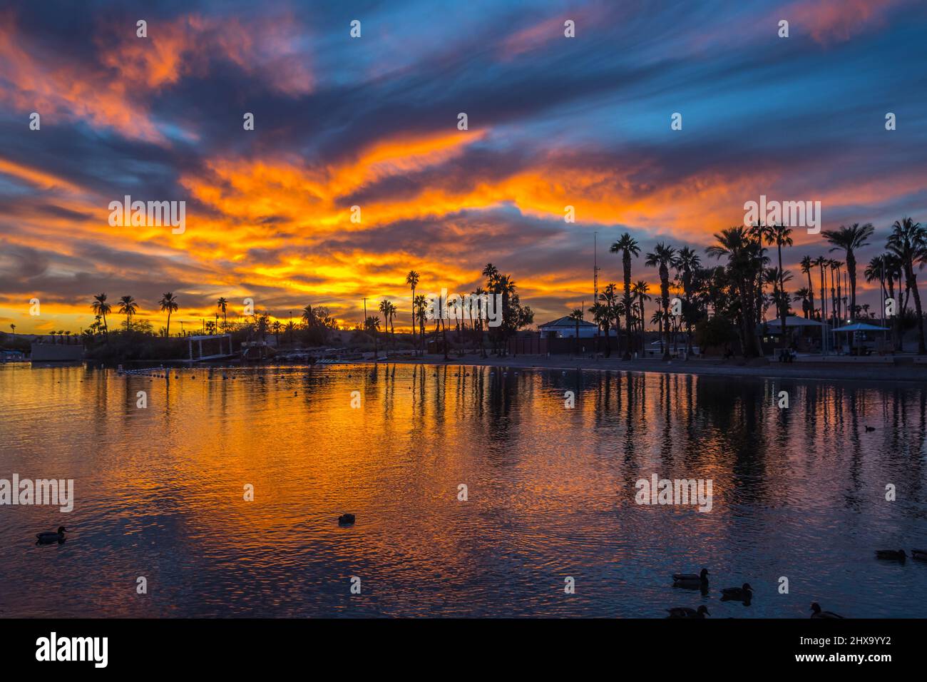 Spettacolare e vibrante scenario al tramonto sul lago Havasu, Arizona Foto Stock