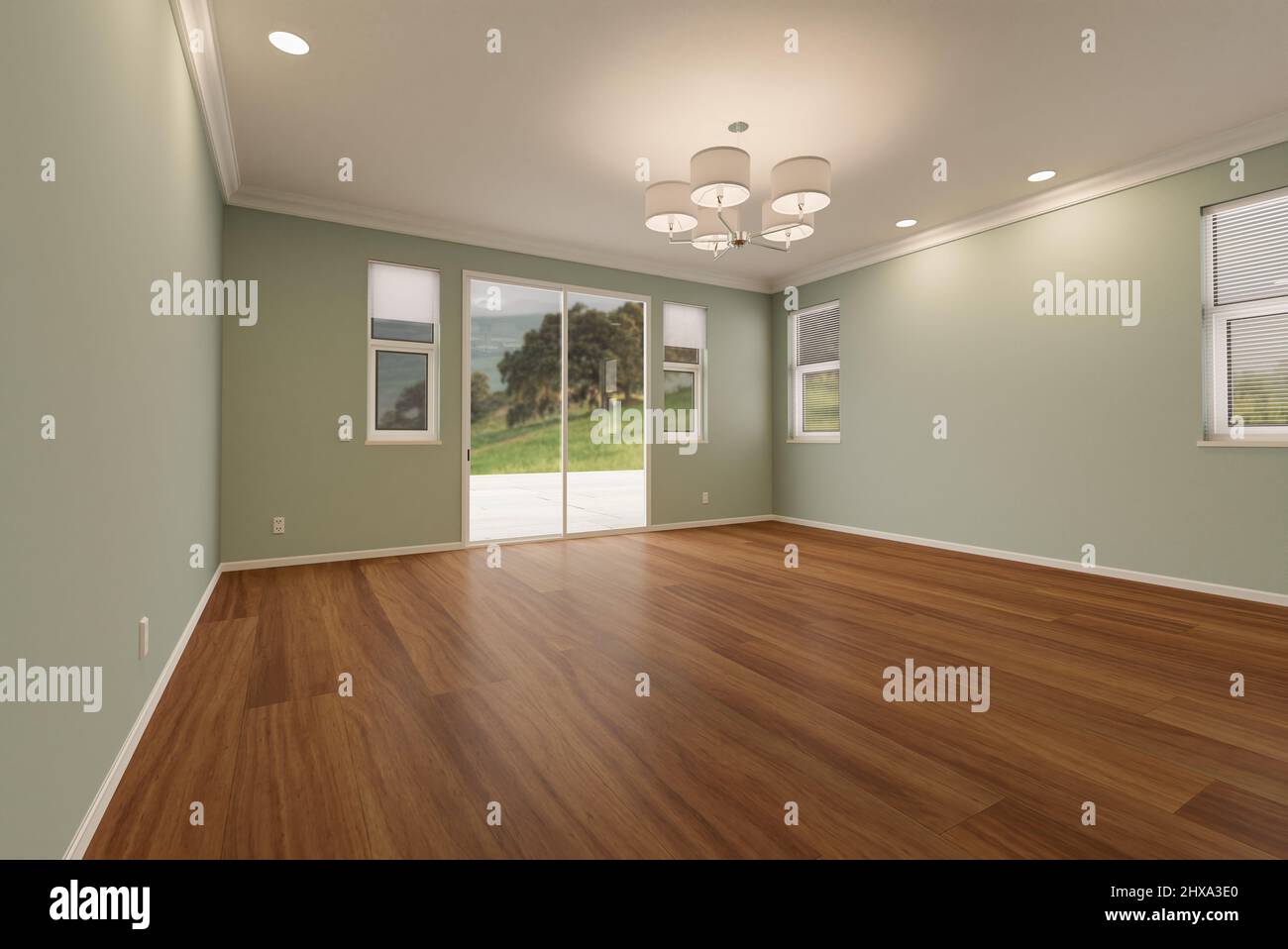 Camera di casa ristrutturata di recente con pavimenti in legno finito, stampaggio, vernice verde chiaro e plafoniere. Foto Stock