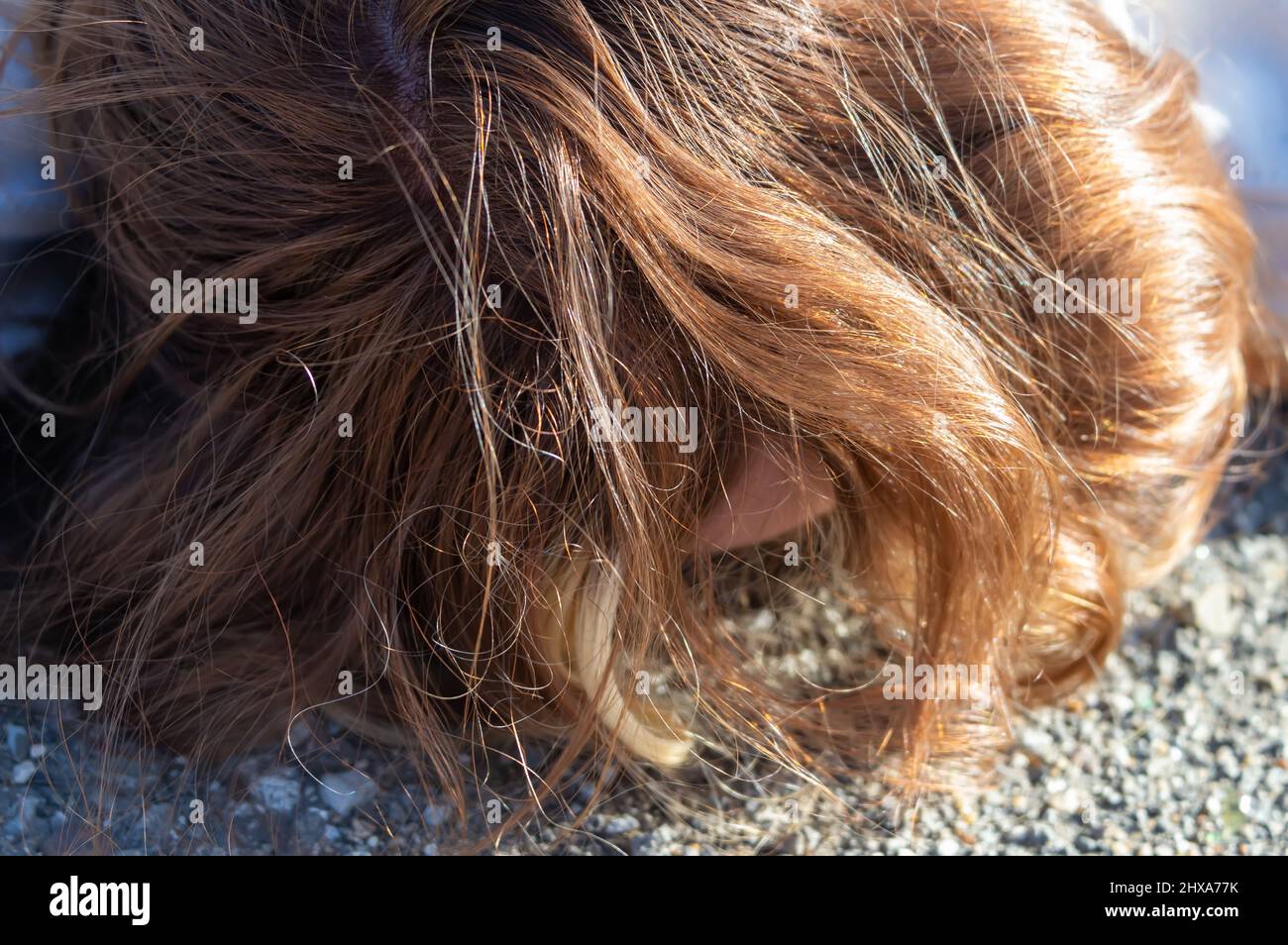 Omicidio sulla strada. Il corpo di una ragazza adolescente in un maglione bianco si trova sull'asfalto sulla strada. Vittima di un incidente stradale. Il concetto di kidn Foto Stock