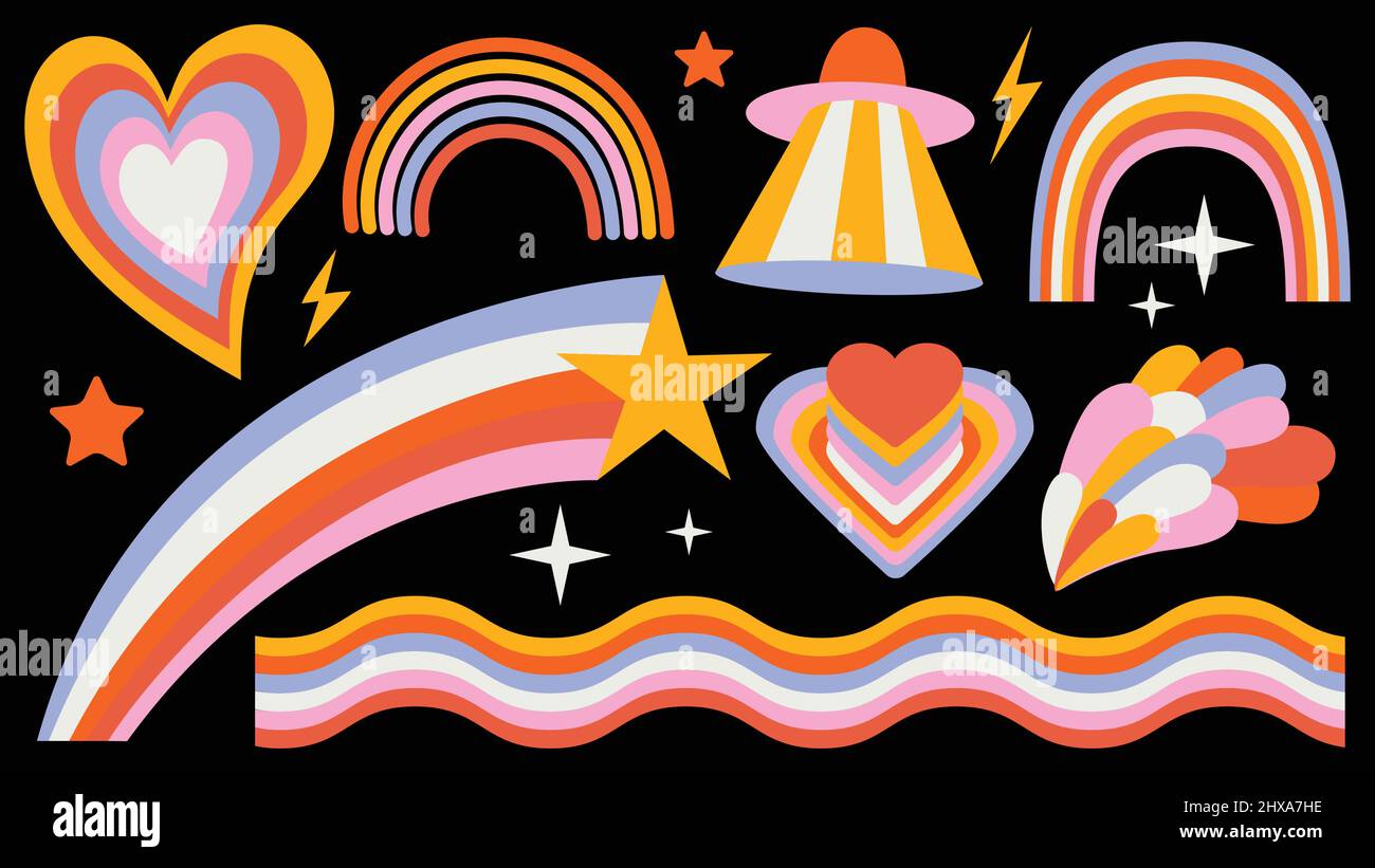 Set di hipster retrò cool arcobaleno elementi psichedelici. Una raccolta di clipart grovy iridato dal 70s. Disegno astratto di adesivi cartoni animati Illustrazione Vettoriale