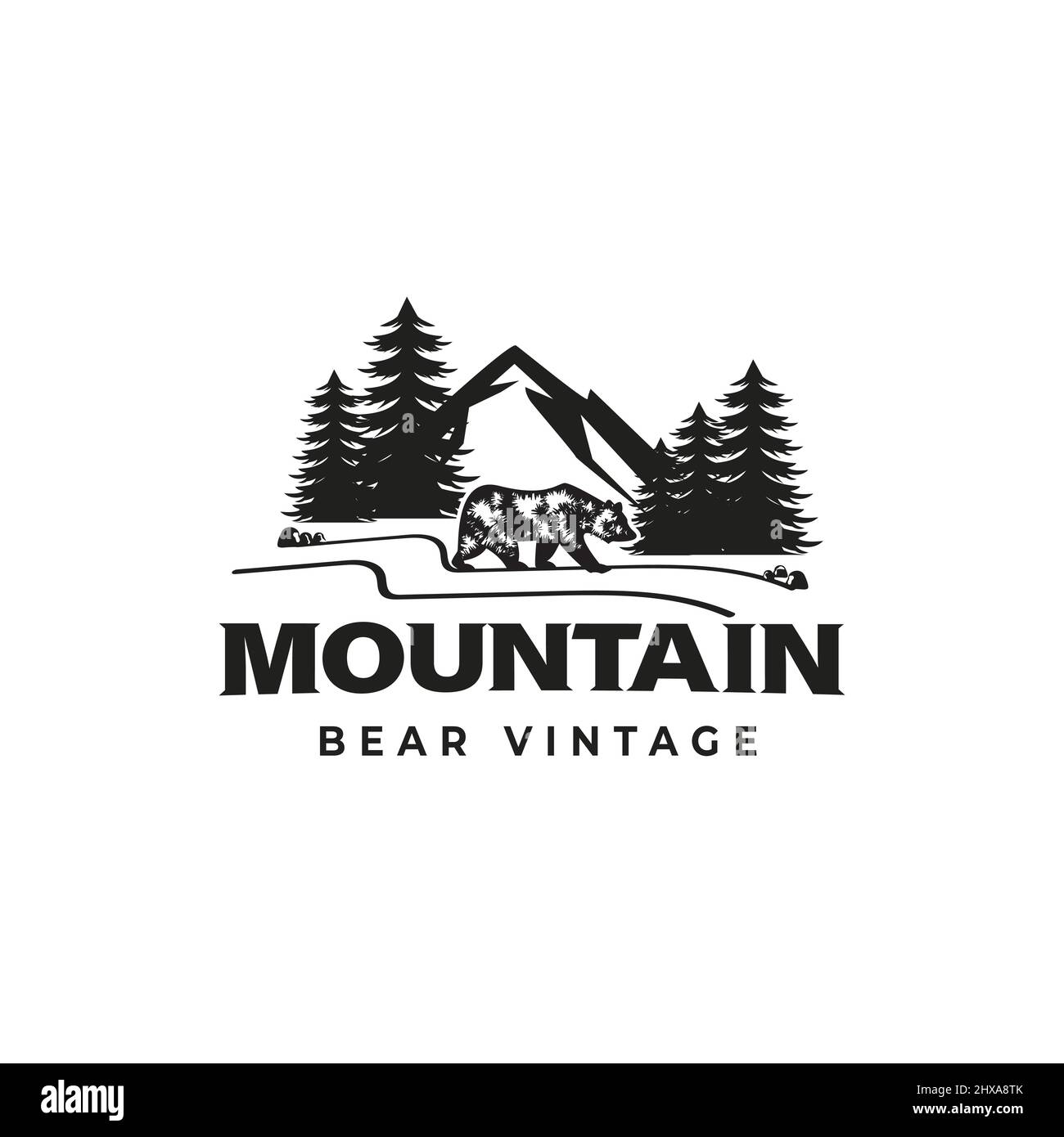 Logo dell'orso vintage che cammina sullo sfondo della riva del fiume di montagne e alberi. Illustrazione Vettoriale