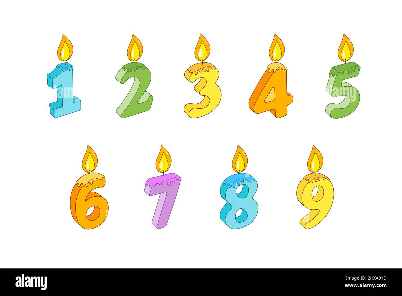buon compleanno numero di candele a forma di uno a nove. 3d figure colorate isolate su sfondo bianco Foto Stock