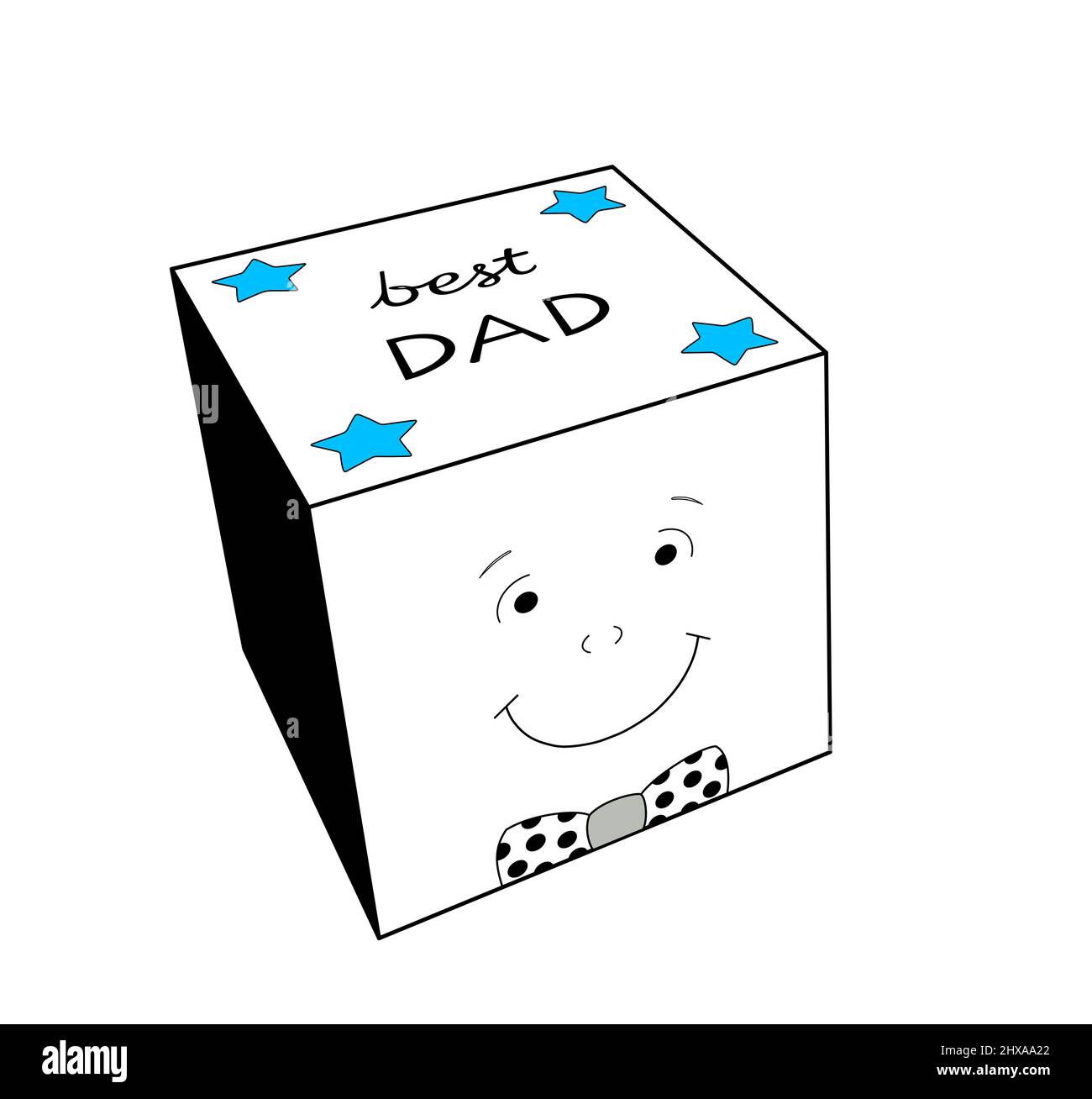 cartoon migliore papà, carino disegno di un cubo felice con un cravatta di prua, decorato con stelle blu. illustrazione a 3d forme isolata su sfondo bianco Foto Stock