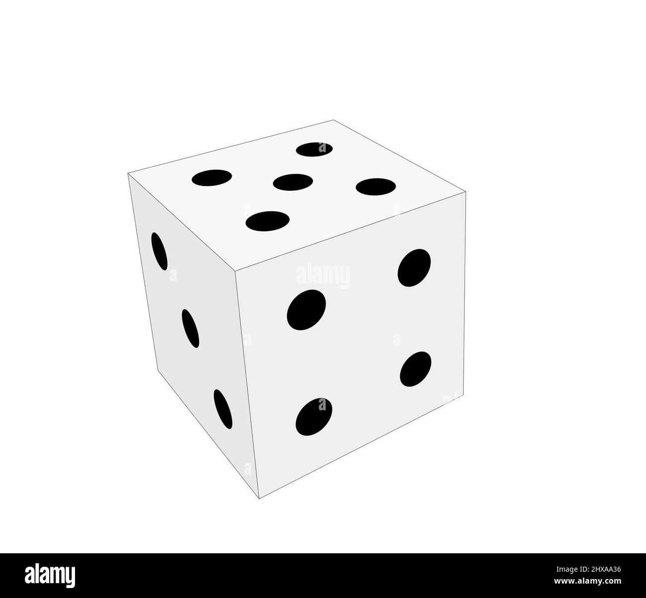 dadi semplici in bianco e nero con cinque, quattro e tre punti. 3d illustrazione della vista in prospettiva isolata su sfondo bianco Foto Stock