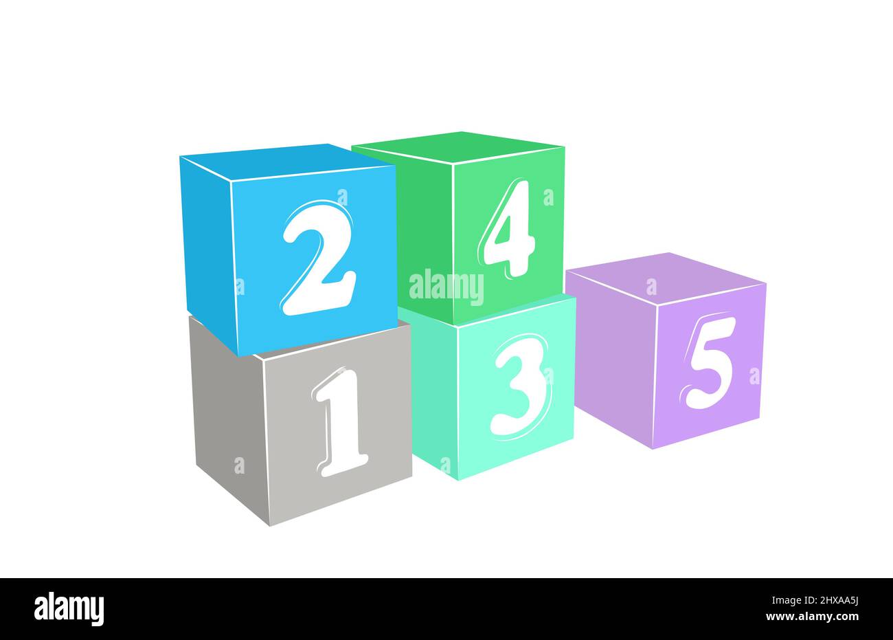3d illustrazione di blocchi da costruzione con numeri da uno a cinque. isolati su sfondo bianco, vista prospettica Foto Stock