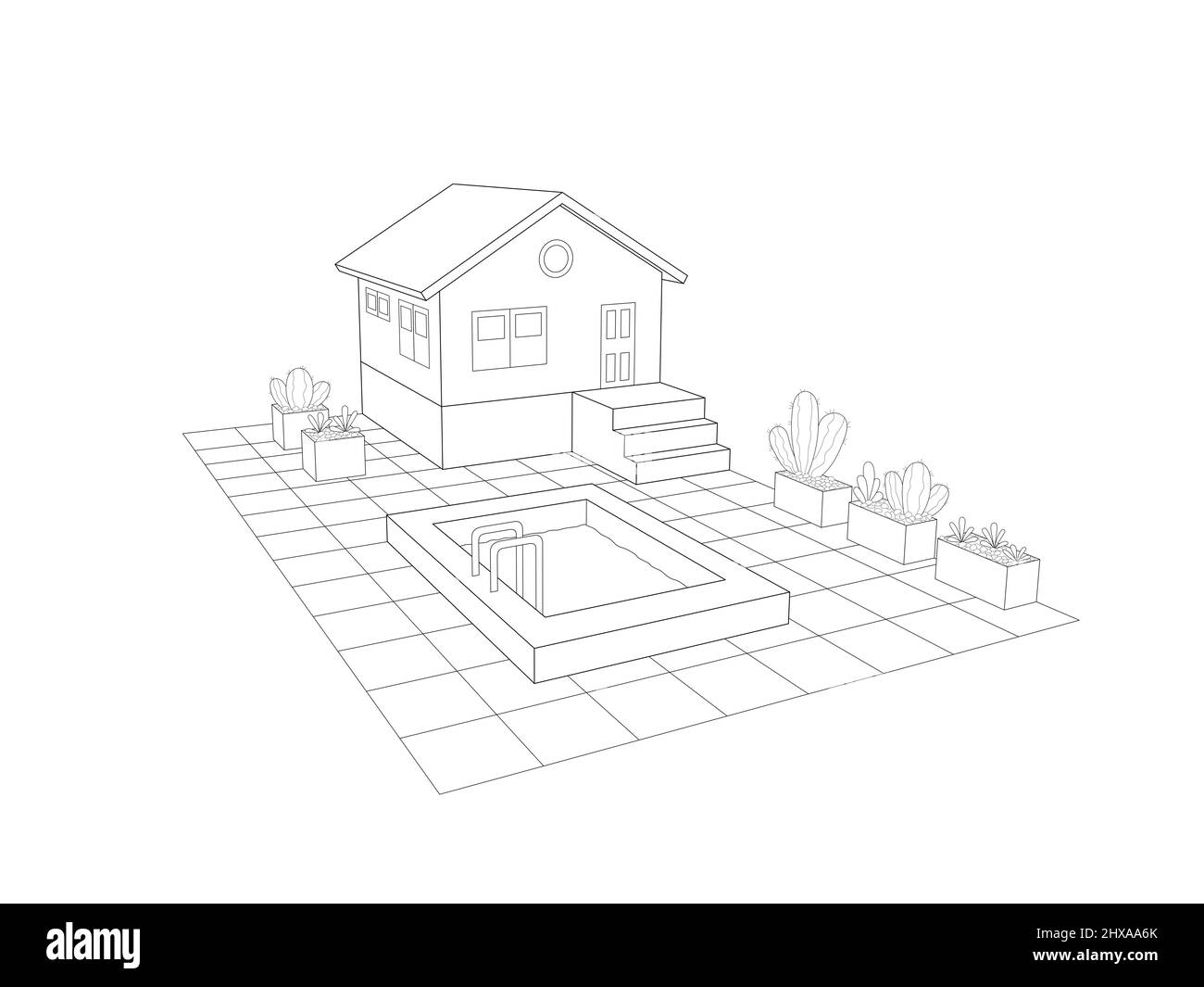 3d piccola casa di design esterno con area piscina e giardino con piante in vaso. vista prospettica Foto Stock