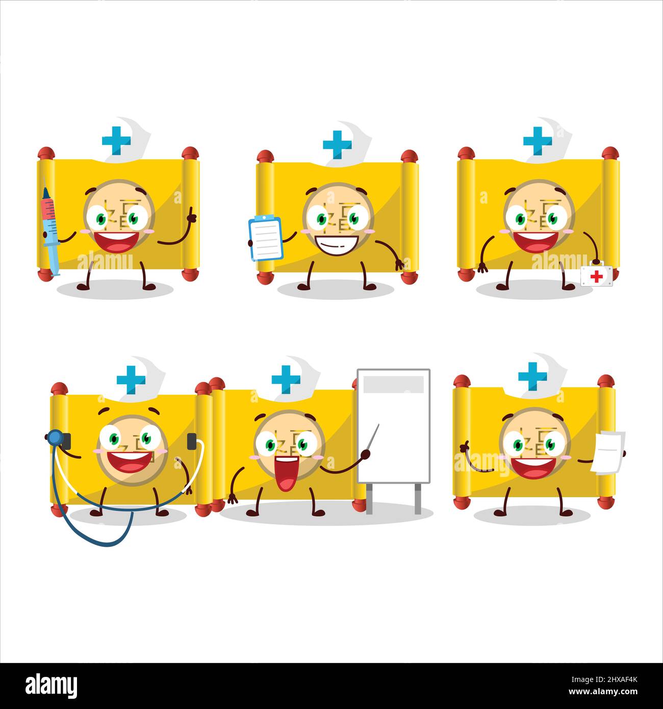 Dottore professione emoticon con carta gialla rotolo di carattere cartoon cinese. Illustrazione vettoriale Illustrazione Vettoriale