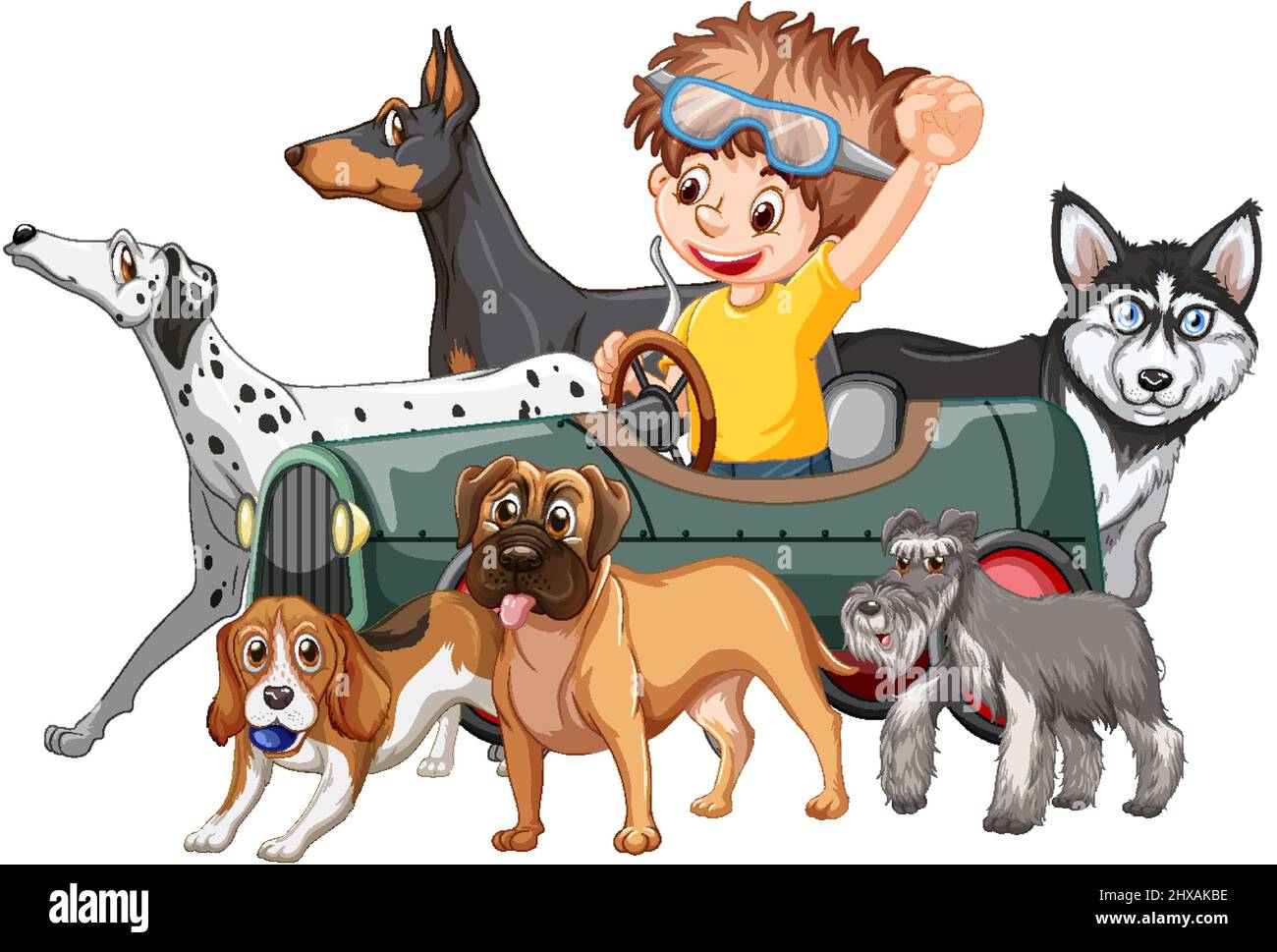 Un ragazzo con i suoi cani in stile cartoon illustrazione Illustrazione Vettoriale