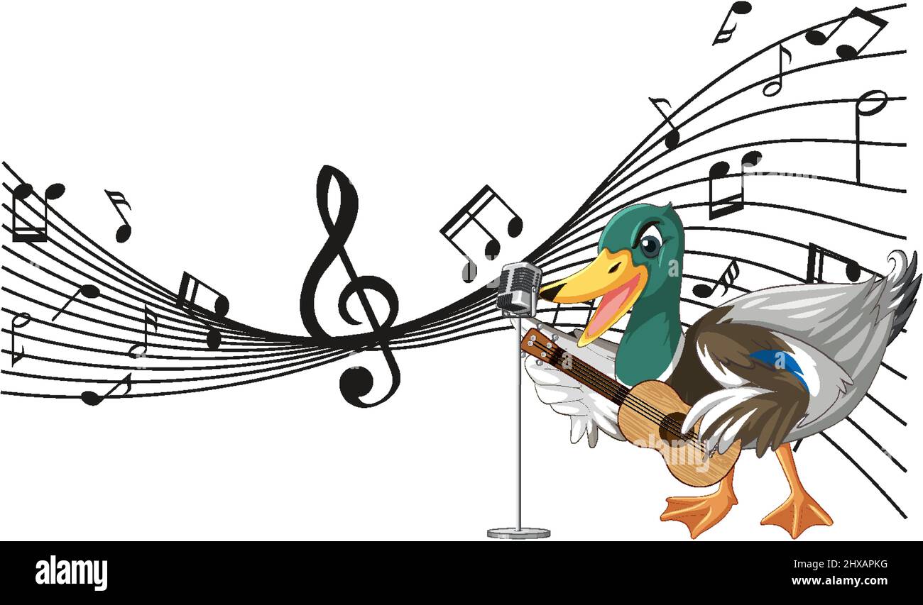 La chitarra anatra suona, ukulele con illustrazione di nota musicale Illustrazione Vettoriale