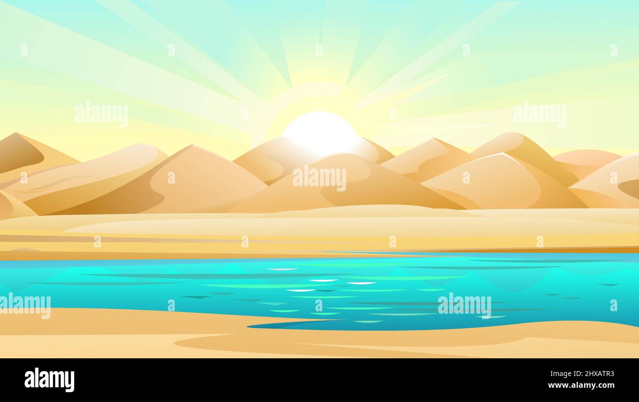 Lago in sabbia di deserto. Paesaggio della campagna meridionale. Stile cartoon cool. Vettore. Illustrazione Vettoriale