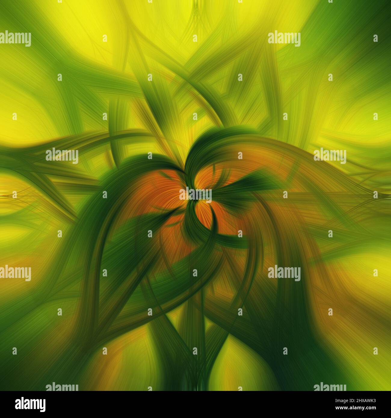 Un rendering 3D di uno sfondo a spirale astratto verde e giallo Foto Stock