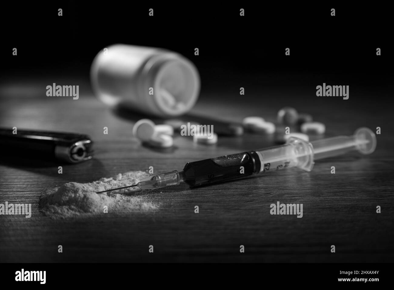 droga, tossicodipendente, eroina, uso, siringa, trattamento, dipendenza, pericoloso, medicina, narcotico, abuso, morte, sporco, junkie, sovradosaggio, polvere, cocaina, conc Foto Stock
