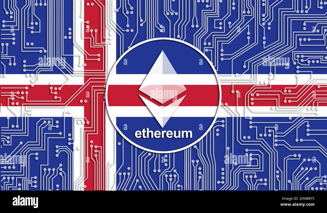 Bandiera dell'Islanda e moneta etereo, schema di circuiti integrati. Crescita delle scorte di Ethereum. Immagine concettuale per gli investitori in Blockchain e criptovalore Foto Stock