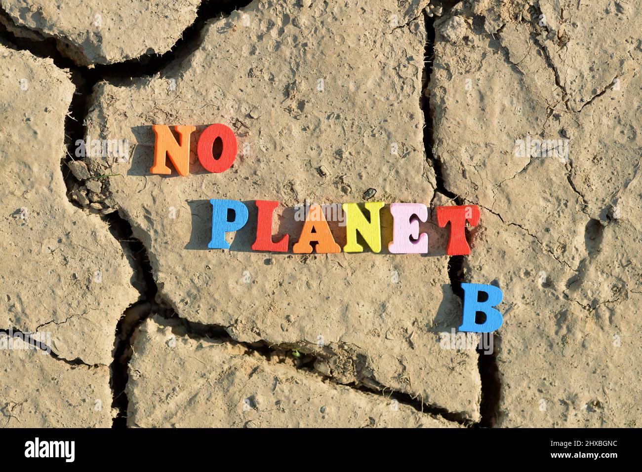 Testo Nessun pianeta B su terreno arido cracked. Concetto di cambiamento climatico o riscaldamento globale. Foto Stock
