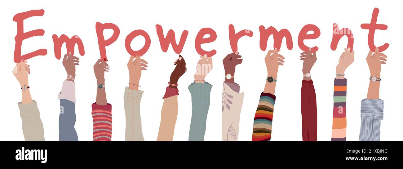 Gruppo di braccia sollevate di donne multiculturali e ragazze persone che tengono lettere in mano formando il testo -Empowerment- incoraggiamento e successo Illustrazione Vettoriale