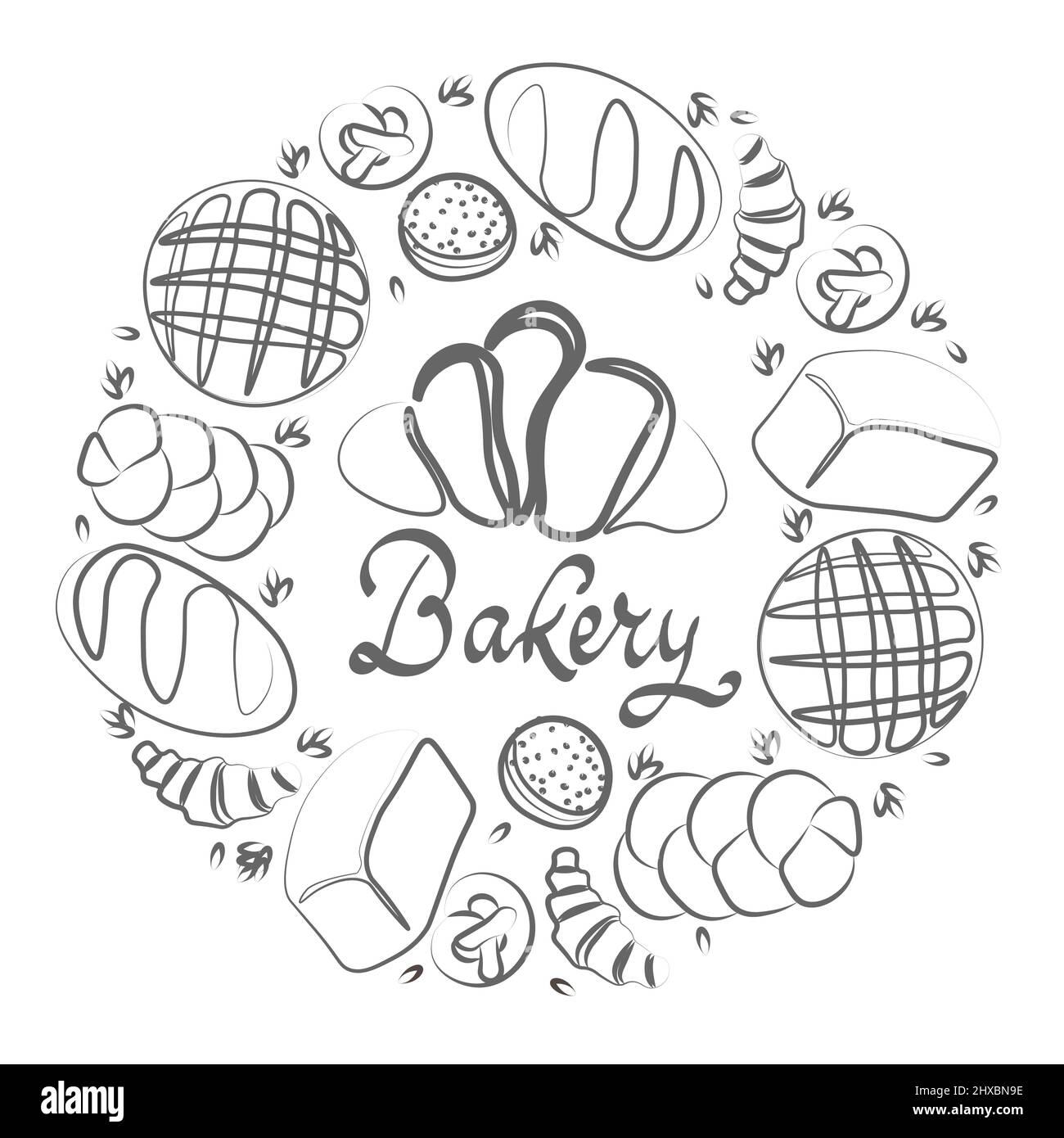 Design vettoriale alla moda per panetteria o cafe.Illustrations di panini, baguette, e altri dolci per imballaggio, etichette, o insegne.Line art Illustrazione Vettoriale