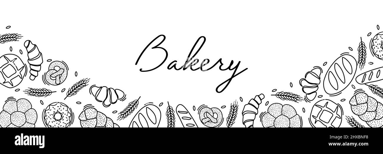 Trendy Vector sfondo orizzontale per panificio o cafe.Illustrations di panini, pane, baguette, e altri dolci per imballaggio, etichette, o insegne.Line Illustrazione Vettoriale