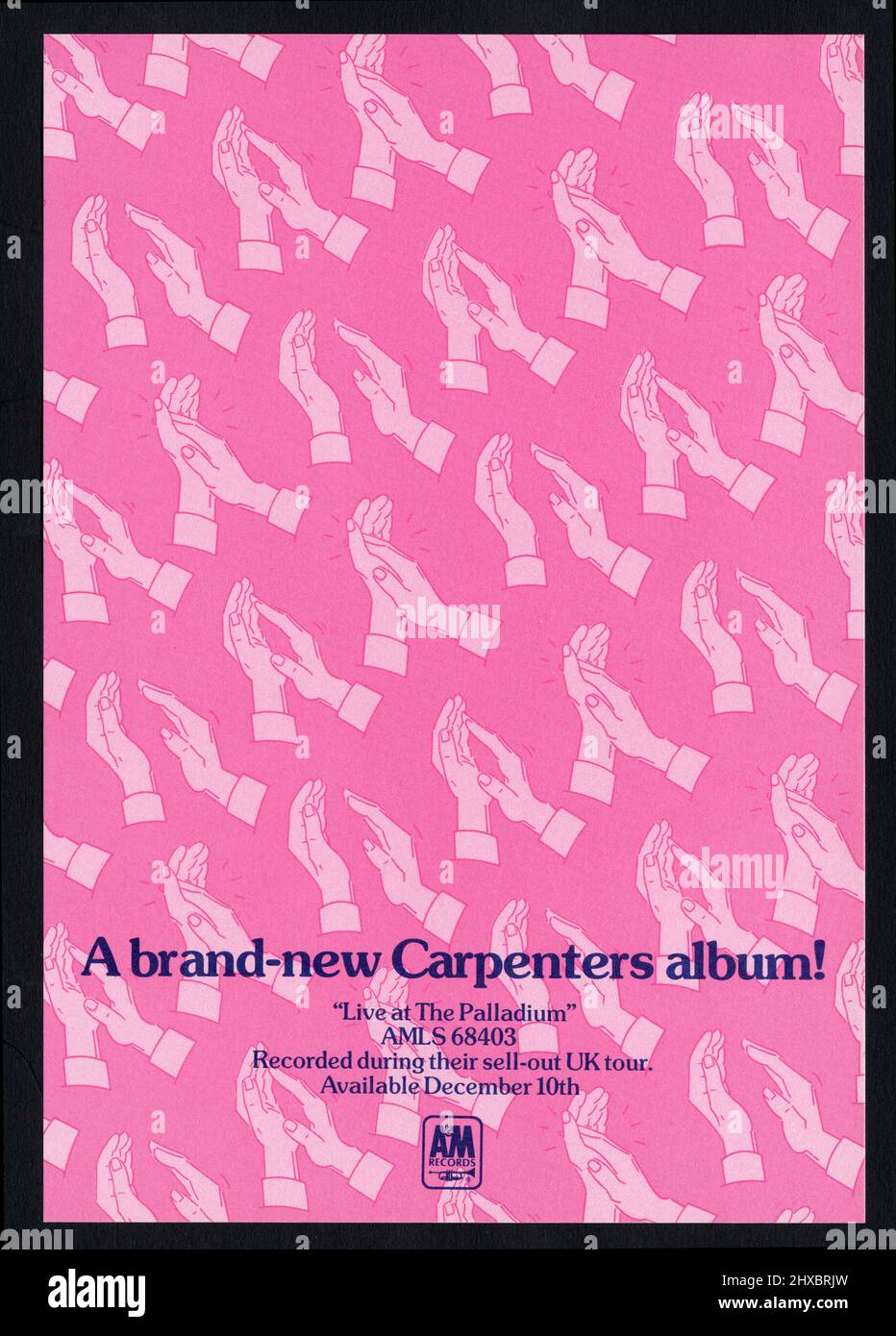 Volantino a&M Records, formato A5. Per l'album dei Carpenters Live at the Palladium, il volantino dei Carpenters LP Live at the Palladium A5 del dicembre 1976, progettato da A&M Records. Grande grafica di mani applappate. L'immagine è molto migliore della copertina dell'album! Etichetta discografica, anni Settanta, registrata nel tour del Regno Unito. Foto Stock