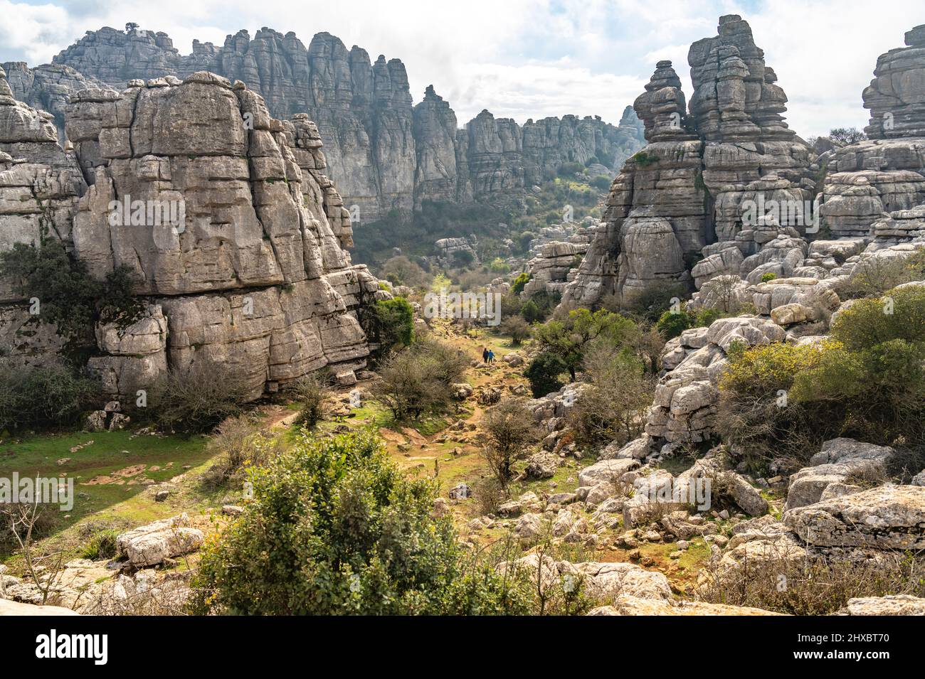 Wanderweg durch die außergewöhnlichen Karstformationen im Naturschutzgebiet El Torcal bei Antequera, Andalusia, Spanien | percorso escursionistico attraverso il Foto Stock