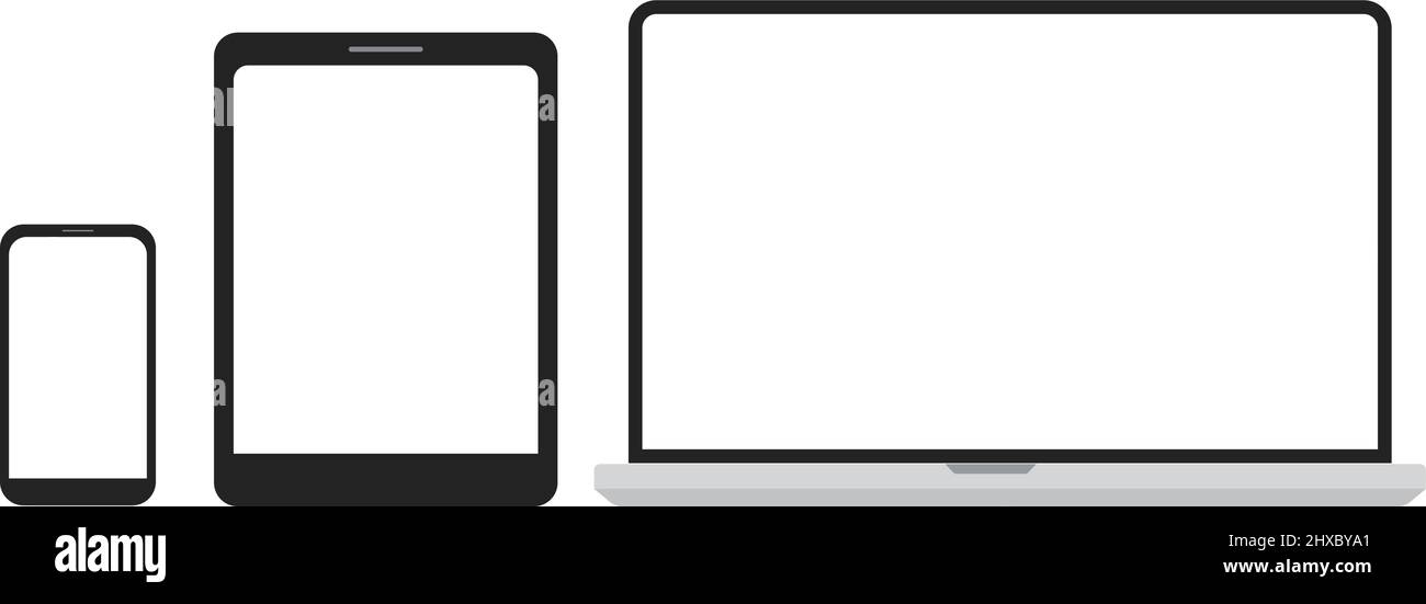 Set di computer, notebook, tablet e telefono in stile vettoriale piatto. Illustrazione Vettoriale