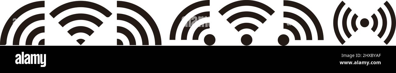 Diversi stili di icone wifi. Diversi modi per rappresentare le onde radio. Vettore modificabile. Illustrazione Vettoriale