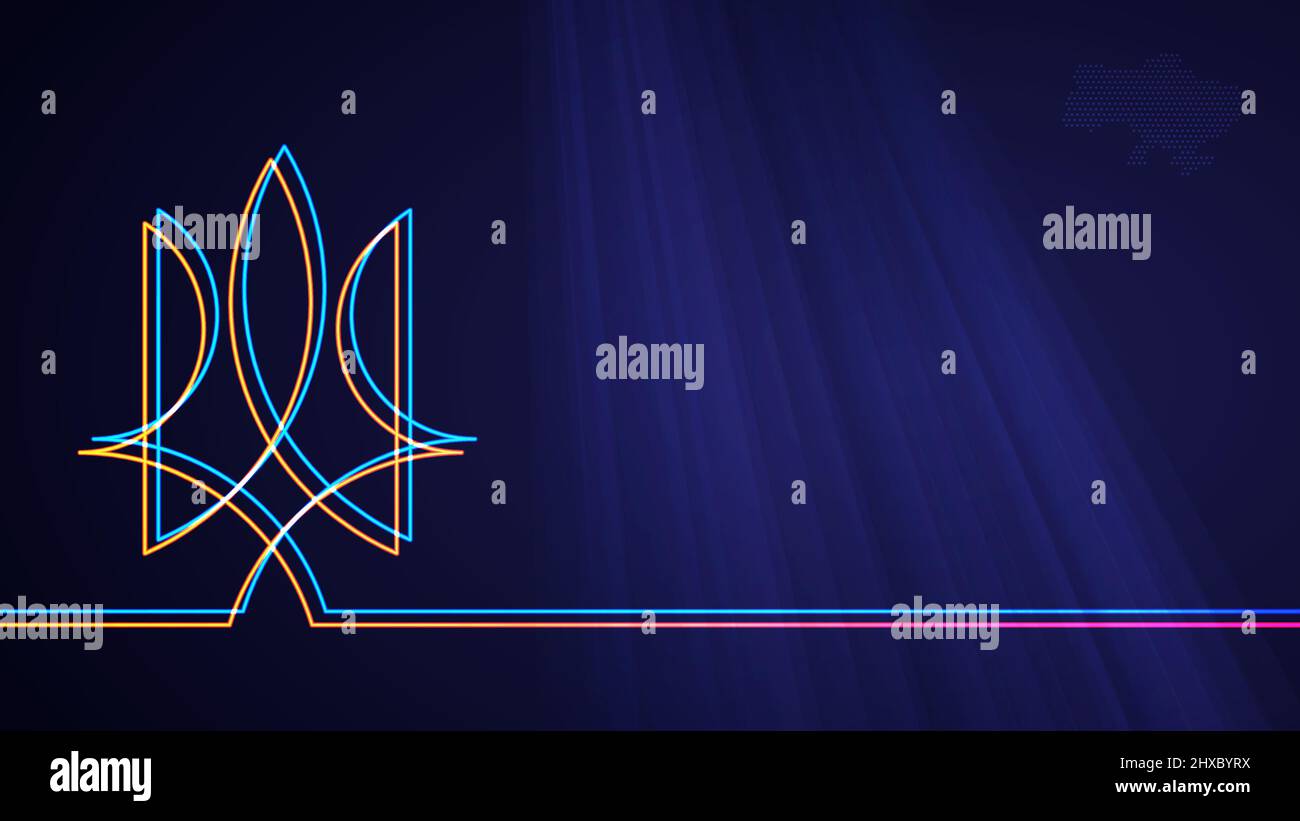 Sfondo Tryzub. Illustrazione vettoriale di astratto simbolo nazionale colorato al neon e mappa a mezzitoni punteggiata dell'Ucraina su sfondo blu Illustrazione Vettoriale